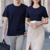 Custom Shirts For Men Women Short Sleeve Round Neck T-shirt Dark Blue Material Jade Silk Solid Color 200g 6818-5
