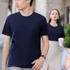Custom Shirts For Men Women Short Sleeve Round Neck T-shirt Dark Blue Material Jade Silk Solid Color 200g 6818-7