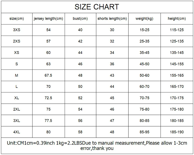 Custom Soccer Uniforms for Men Women & Kids Team Training Sportswear Kits Size Chart